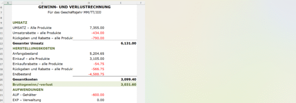 Excel-Tabelle für PnL-Bericht mit Layout für Handelsunternehmen