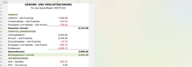 Excel-Tabelle für PnL-Bericht mit Layout für Handelsunternehmen