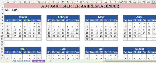 Automatisierter Excel-Jahreskalender mit Monats- und Wochenansicht
