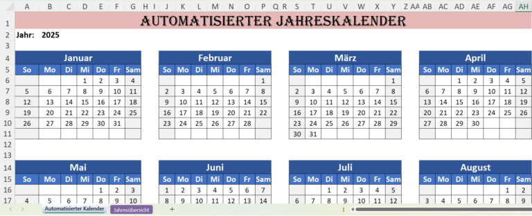Automatisierter Excel-Jahreskalender mit Monats- und Wochenansicht