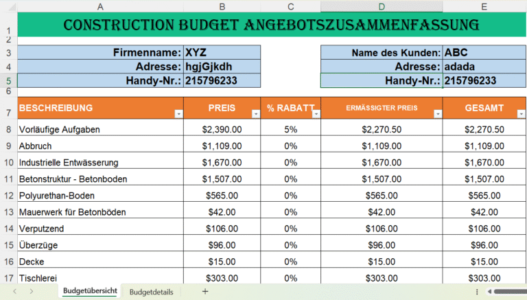 Excel-Vorlage für Baukosten – Budgetplanung für Bauprojekte