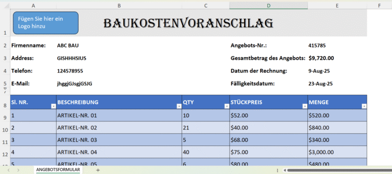 Excel-Vorlage für Baukostenvoranschlag mit Mengen, Stückpreisen und Gesamtkosten