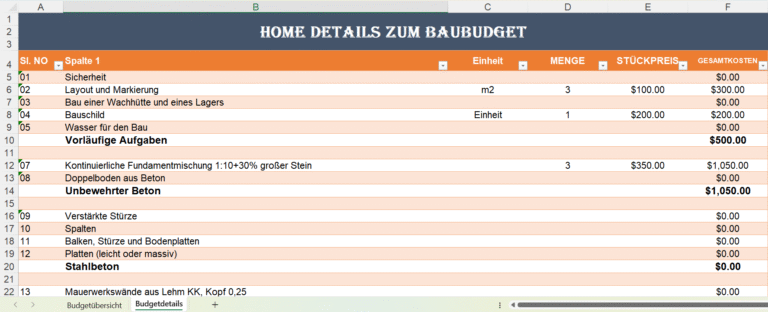 Übersichtliches Hausbau-Budget in Excel