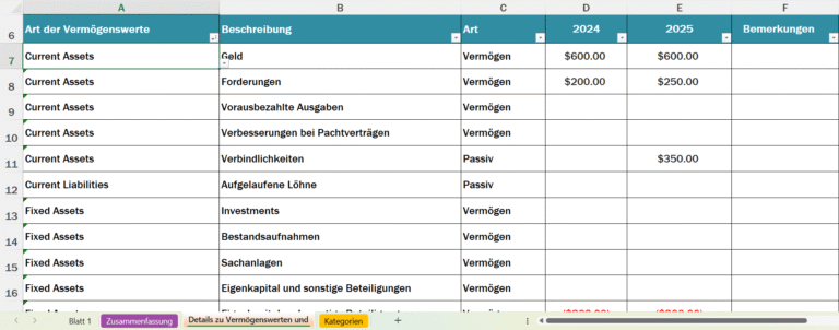 Excel-Bilanzvorlage für Unternehmen mit Vergleich der Jahre 2024 und 2025