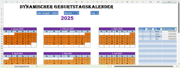 Dynamischer Geburtstagskalender in Excel mit Namen und Geburtsdaten