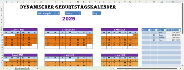 Dynamischer Geburtstagskalender in Excel mit Namen und Geburtsdaten