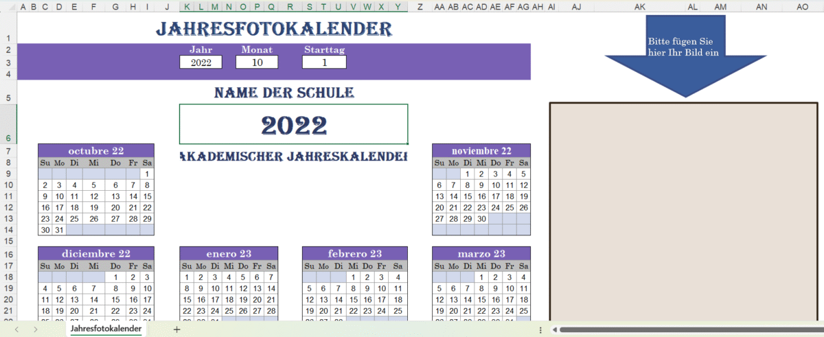 Fotokalender Excel-Vorlage mit Monatsbildern zum Ausdrucken