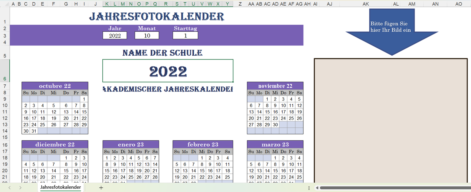 Fotokalender Excel-Vorlage mit Monatsbildern zum Ausdrucken