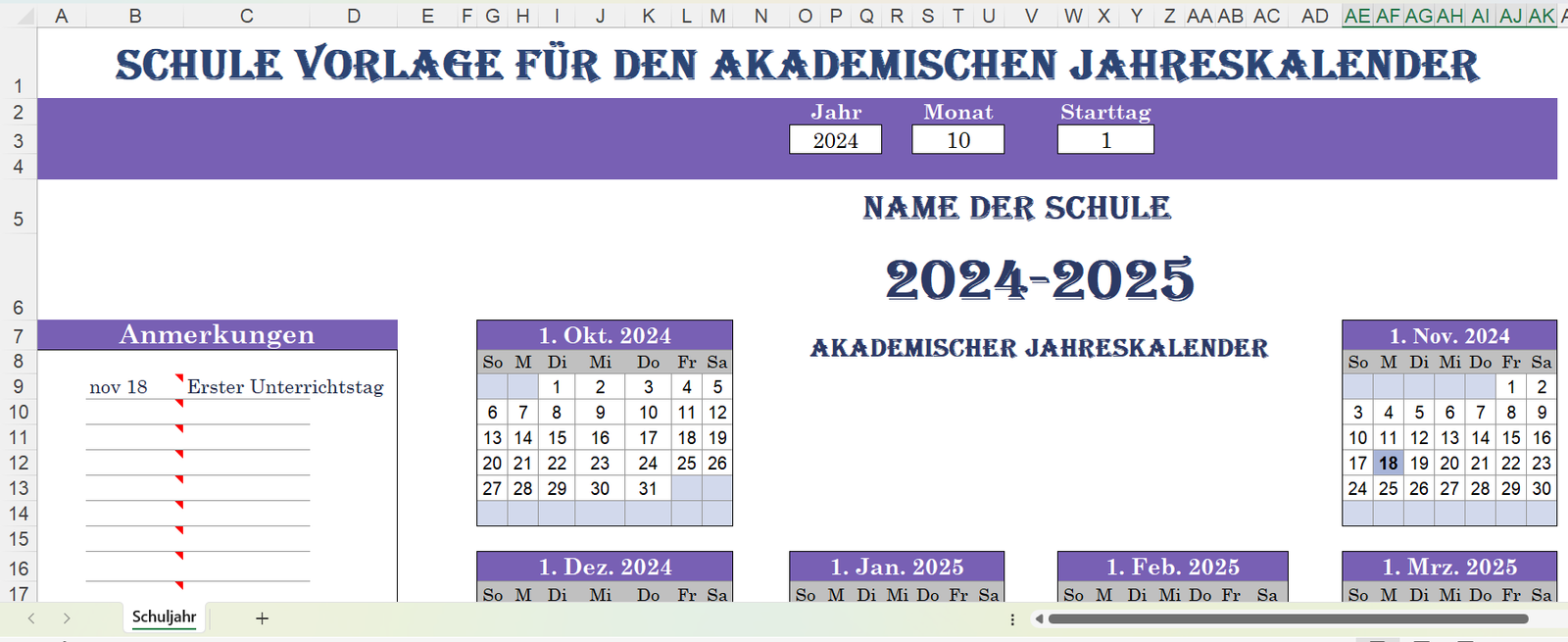 Excel-Vorlage für das Schuljahr – Kalender zum Ausdrucken & Anpassen