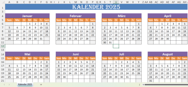 Kalender 2025 Excel-Vorlage – Jahreskalender mit Monaten, Wochen und Tagen zur Planung und Organisation