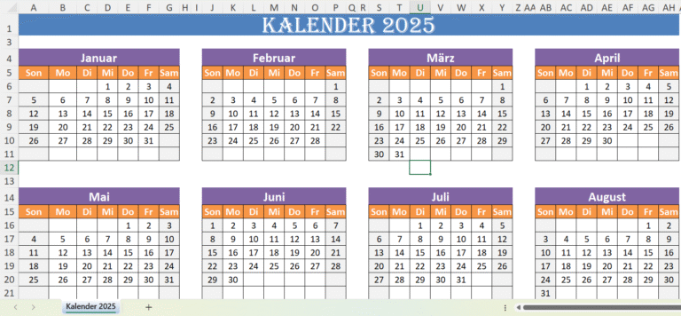 Kalender 2025 Excel-Vorlage – Jahreskalender mit Monaten, Wochen und Tagen zur Planung und Organisation