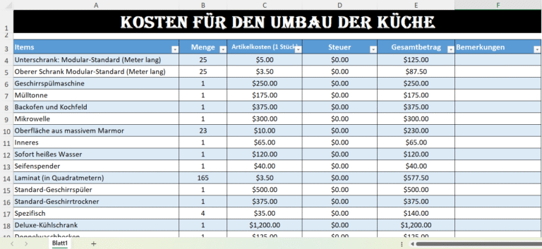 Excel-Vorlage für Küchenumbau mit Kostenplanung, Materialliste und automatischer Berechnung