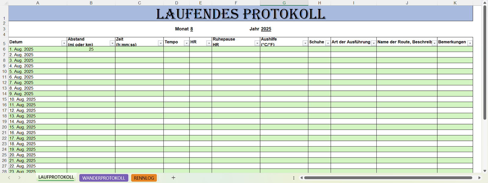 „Screenshot der Excel-Vorlage LAUFPROTOKOLL-Update mit farbigem Laufprotokoll, Trainingsdaten und automatischen Berechnungen.“
