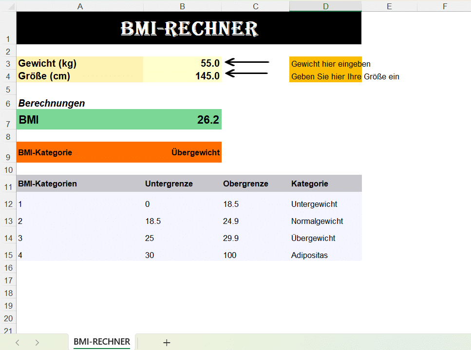 Screenshot der Excel-BMI-Rechner Vorlage mit Berechnungen und BMI-Kategorien