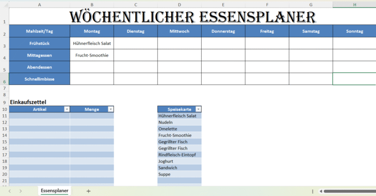 Wöchentlicher Essensplaner in Excel mit Wochenmenü, Rezeptauswahl und automatischer Einkaufsliste.