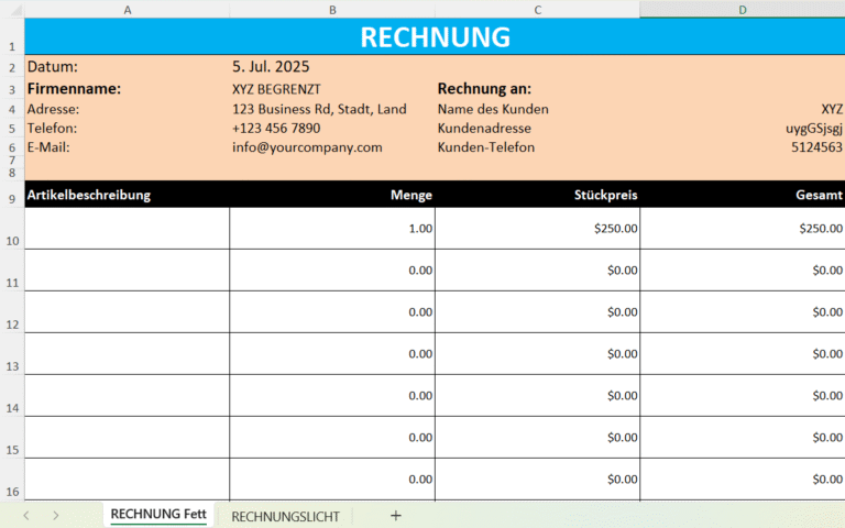 Screenshot der Excel‑Vorlage „Einfache Rechnung aktualisieren“ mit Kopfbereich, Positionsliste und automatisch berechneter Gesamtsumme.