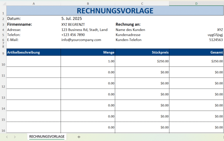 Screenshot der Excel-Rechnungsvorlage mit Feldern für Kundendaten, Rechnungsnummer, Artikel und Gesamtsumme.