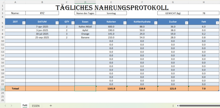 Screenshot der Excel-Vorlage „Tägliches Protokoll aktualisieren“ mit Tabellenstruktur für tägliche Einträge.