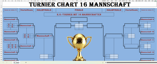 "Excel-Turnierplan für 16 Mannschaften im K.-O.-System mit Pokalsymbol und klarer Übersicht über alle Spielrunden bis zum Finale."