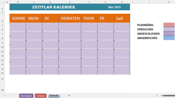 Excel-Vorlage mit Kalenderansicht zur Teamplanung, farbcodierten Statusfeldern und Wochenübersicht für Mai 2025.