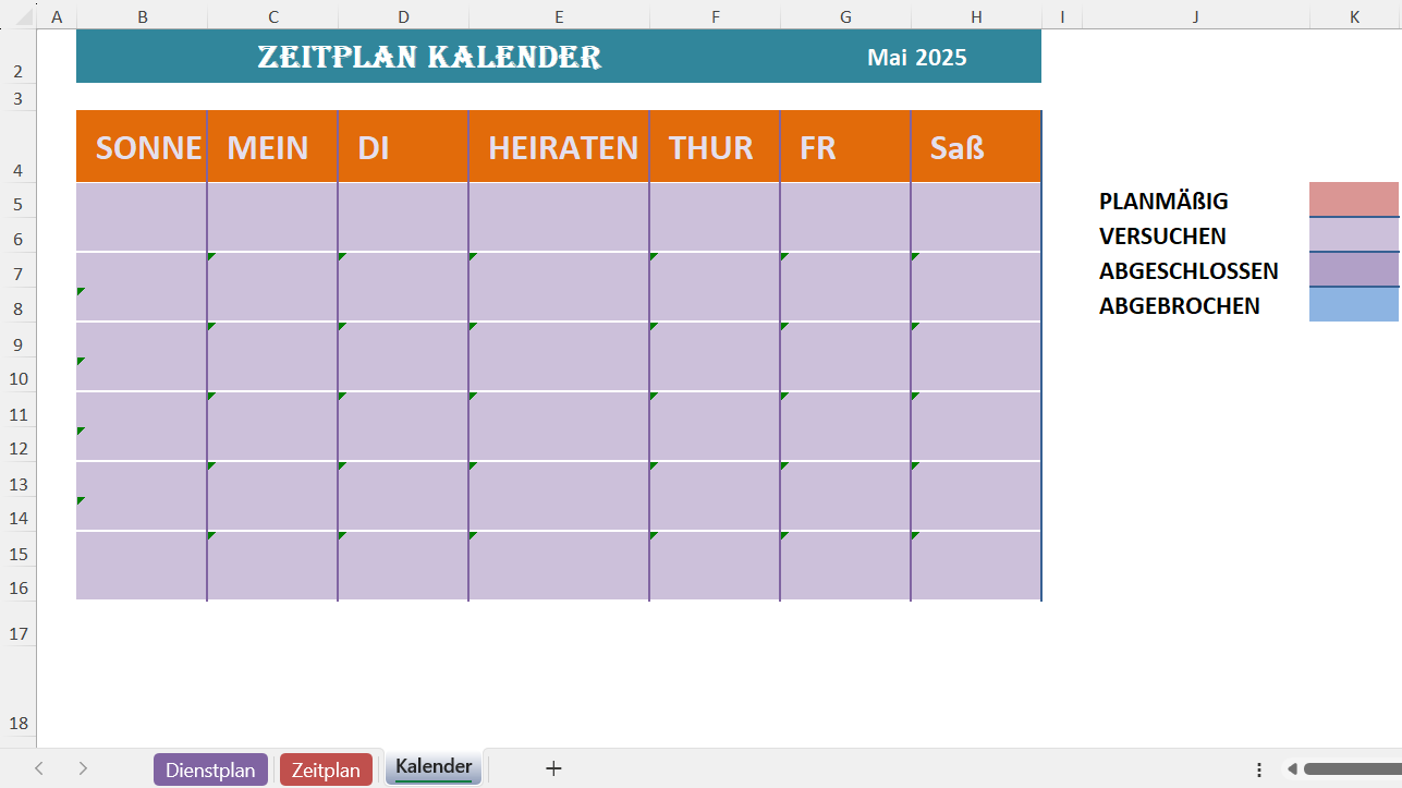 Excel-Vorlage mit Kalenderansicht zur Teamplanung, farbcodierten Statusfeldern und Wochenübersicht für Mai 2025.