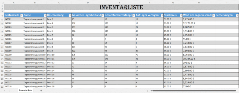Excel-Tabelle zur Verwaltung des Lagerbestands mit Spalten für Bestands-ID, Produktname, Beschreibung, Stückpreis und Lagerwert.