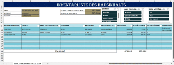 Excel-Vorlage für eine Inventarliste des Hausrats mit Tabellen zur Erfassung von Gegenständen, Kaufwerten und geschätzten Werten.