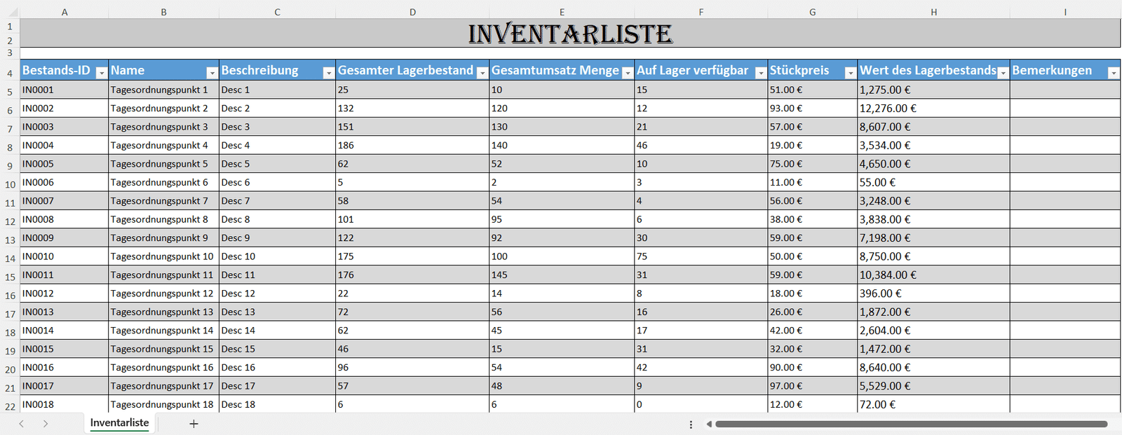Excel-Tabelle zur Verwaltung des Lagerbestands mit Spalten für Bestands-ID, Produktname, Beschreibung, Stückpreis und Lagerwert.
