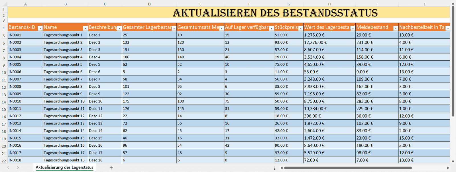 Excel-Tabelle zur Aktualisierung des Lagerbestands mit Spalten für Produkt-ID, Lagerbestand, Stückpreis, Lagerwert und Nachbestellzeit.