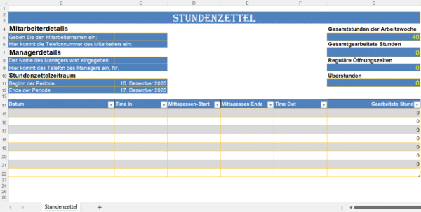 Stundenzettel Excel Vorlage zur Erfassung von Arbeitszeiten, Pausen und Überstunden im Unternehmen