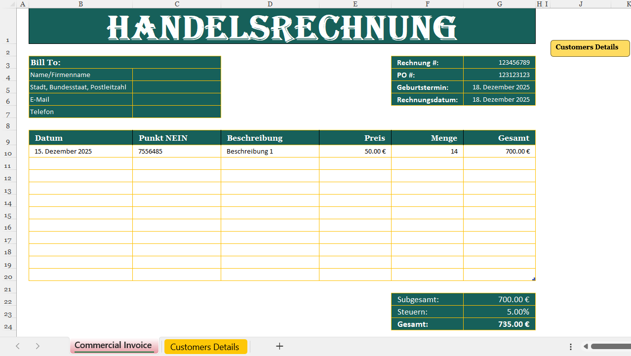 Handelsrechnung Excel Vorlage mit Kundenangaben, Rechnungsdetails, Positionstabelle, Preisen, Mengen und Gesamtsummen