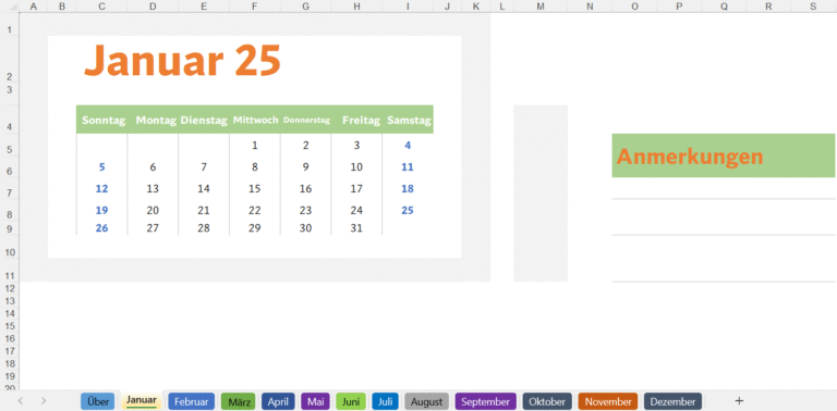 „Excel-Kalender Januar 2025 mit Wochenübersicht und Bereich für Anmerkungen.“