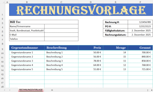 „Excel-Rechnungsvorlage mit Feldern für Kundendaten, Rechnungsnummer, Artikelliste, Preisen, Mengen und Gesamtsummen.“