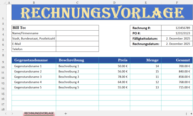 „Excel-Rechnungsvorlage mit Feldern für Kundendaten, Rechnungsnummer, Artikelliste, Preisen, Mengen und Gesamtsummen.“