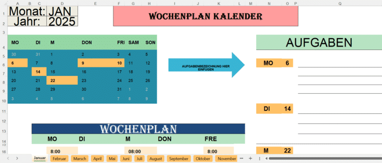 „Excel-Wochenplaner mit Monatskalender, Aufgabenbereich und Wochenübersicht für eine strukturierte Planung.“