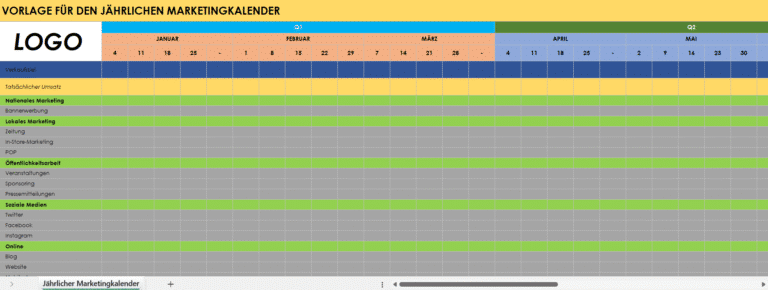 „Excel-Vorlage für jährlichen Marketingkalender mit Monats- und Wochenplanung, Marketingkanälen, Verkaufszielen und Kampagnenübersicht.“