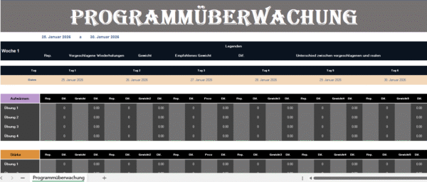 Programmüberwachung Excel Vorlage zur Trainings- und Leistungsdokumentation