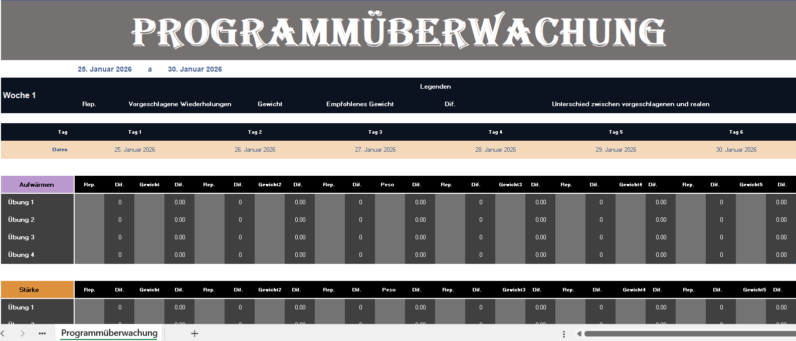 Programmüberwachung Excel Vorlage zur Trainings- und Leistungsdokumentation