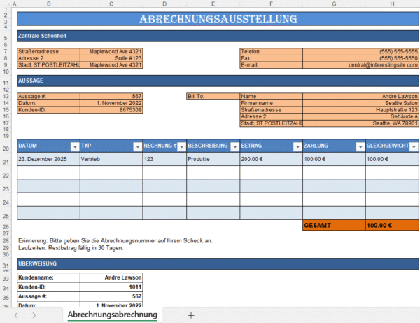Abrechnungsausstellung Excel-Vorlage mit Rechnungsübersicht, Zahlungsbeträgen und Kundeninformationen