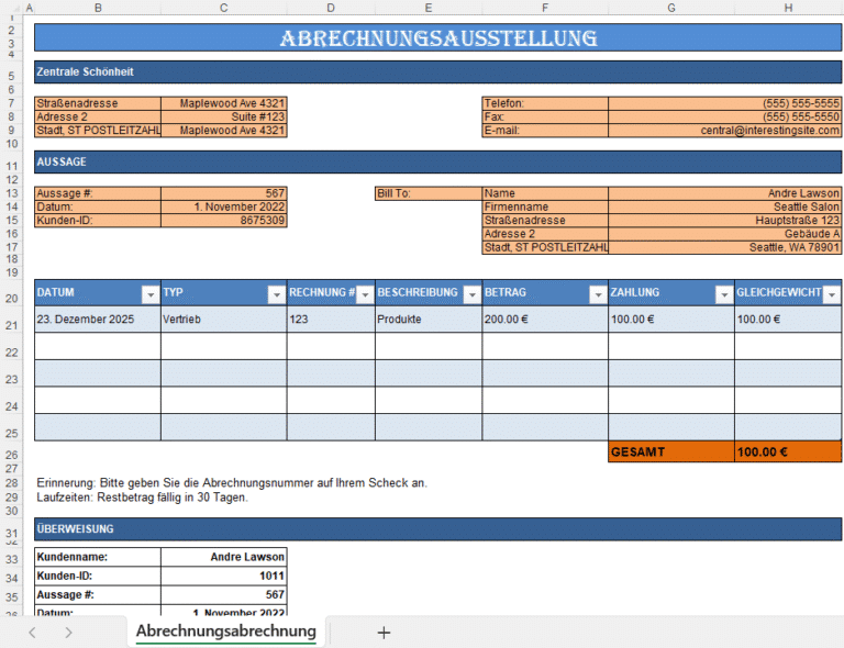 Abrechnungsausstellung Excel-Vorlage mit Rechnungsübersicht, Zahlungsbeträgen und Kundeninformationen