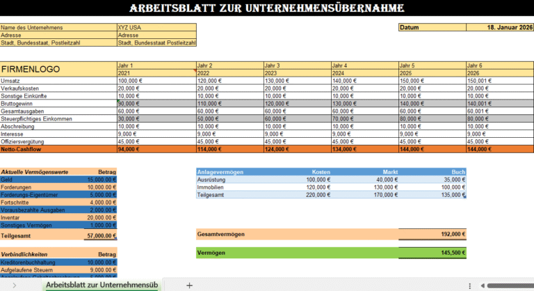„Excel-Arbeitsblatt zur Unternehmensübernahme mit Finanzkennzahlen, Cashflow, Vermögenswerten und mehrjähriger Umsatzanalyse“