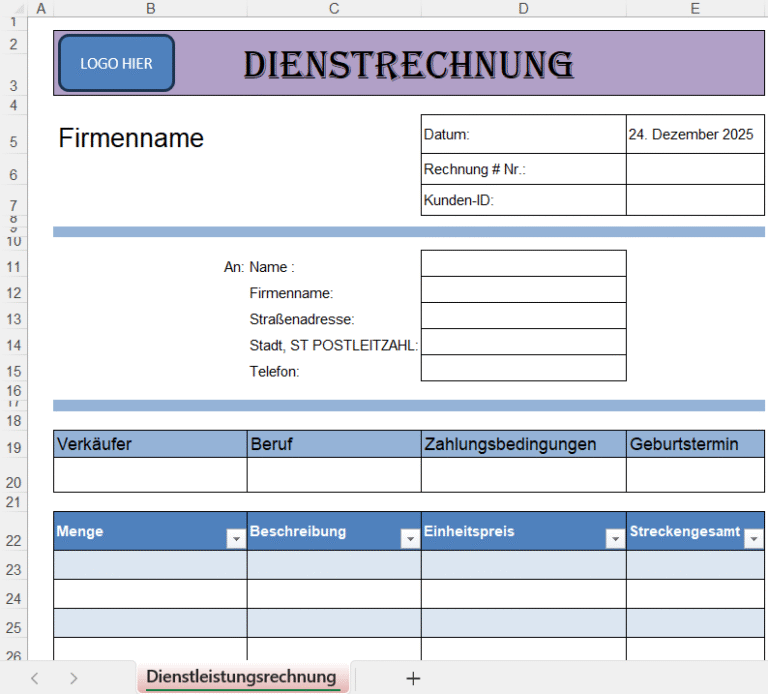 Dienstrechnung Excel Vorlage für Dienstleistungen mit Firmen- und Kundendaten, Datumsfeld und automatischer Berechnung