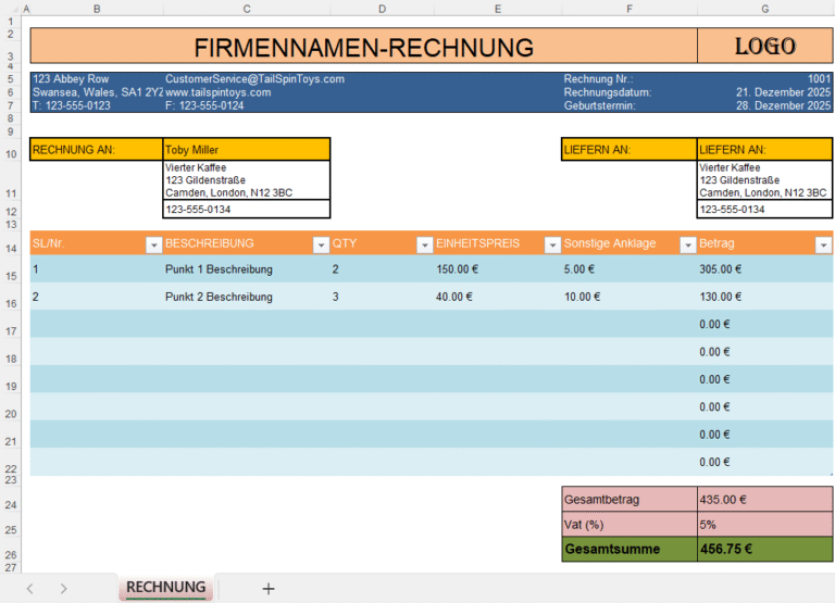 Firmenrechnung in Excel mit Einzelpreis, Mengen, Zusatzkosten und automatischer Gesamtsummenberechnung