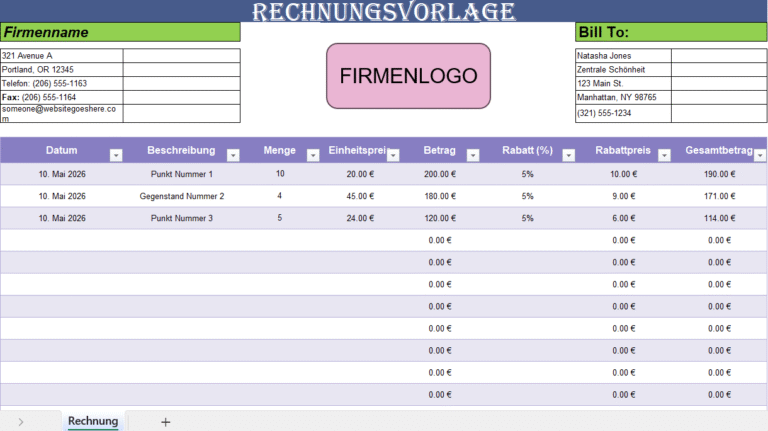 Bunte Excel-Rechnungsvorlage mit Firmenlogo, Kundendaten, Rabattspalten und automatischer Berechnung der Gesamtbeträge