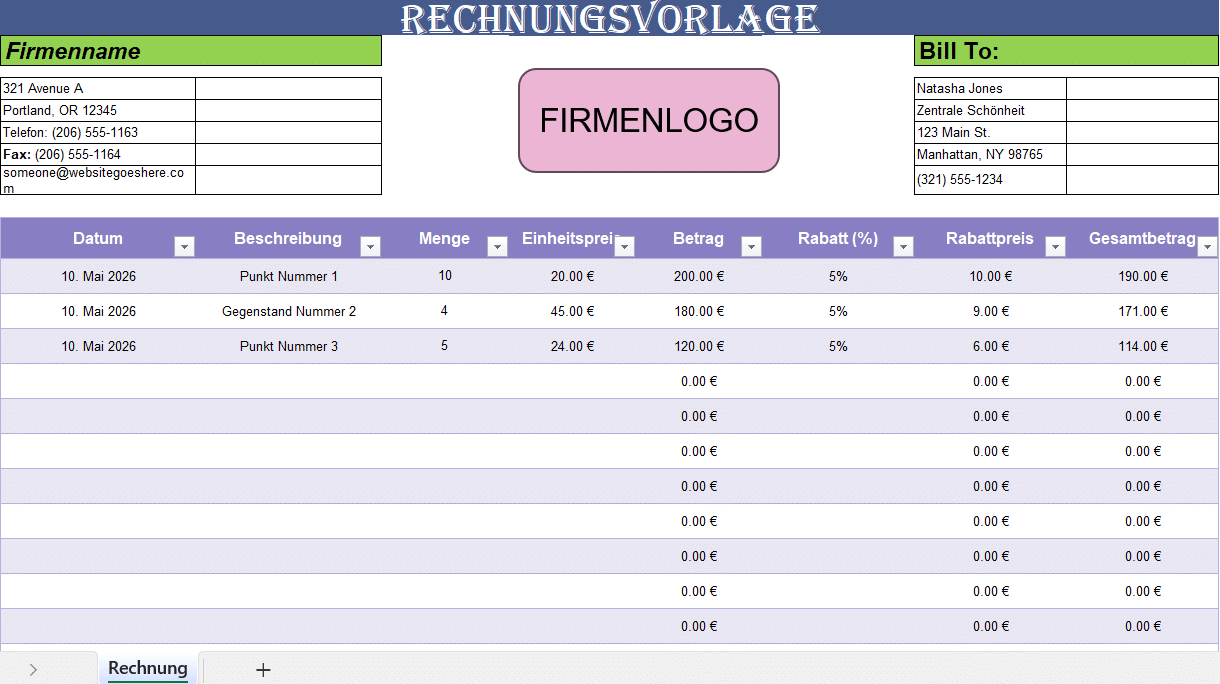 Bunte Excel-Rechnungsvorlage mit Firmenlogo, Kundendaten, Rabattspalten und automatischer Berechnung der Gesamtbeträge