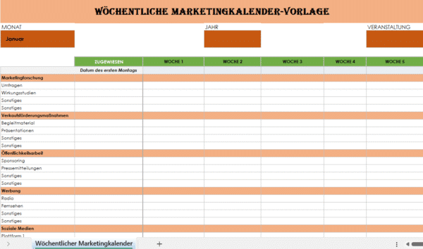 Wöchentliche Marketingkalender-Vorlage in Excel mit Wochenübersicht, Marketingkategorien und Aufgabenplanung nach Monaten