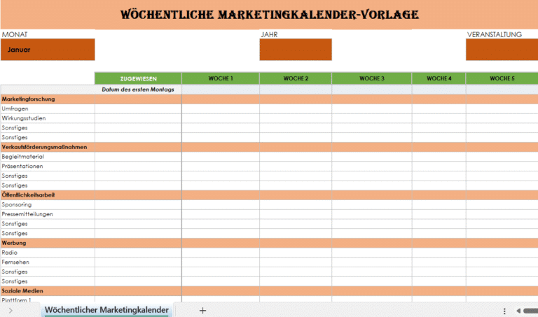 Wöchentliche Marketingkalender-Vorlage in Excel mit Wochenübersicht, Marketingkategorien und Aufgabenplanung nach Monaten