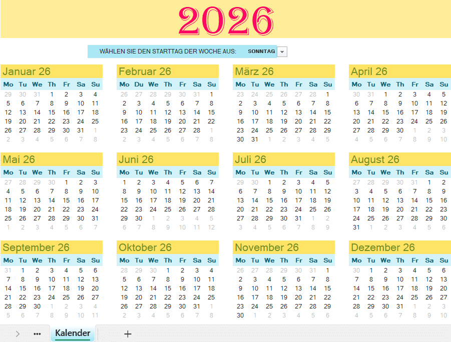 Jahreskalender 2026 in Excel mit Monatsübersicht, Wochentagen und auswählbarem Wochenstart