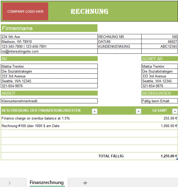 Rechnung mit Finanzierungsgebühr in Excel mit Kunden-, Rechnungs- und Finanzierungsdetails