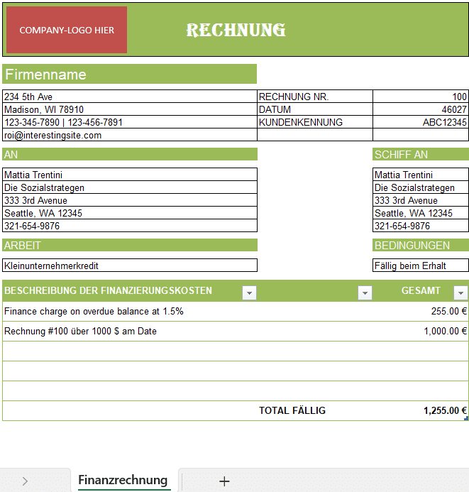 Rechnung mit Finanzierungsgebühr in Excel mit Kunden-, Rechnungs- und Finanzierungsdetails